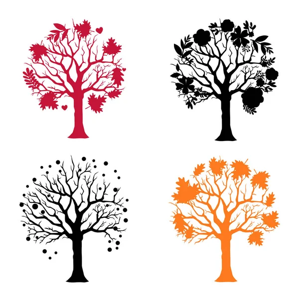 Набір Сезонних Дерев Листям Квітами Снігом Векторне Ілюстрація — стоковий вектор