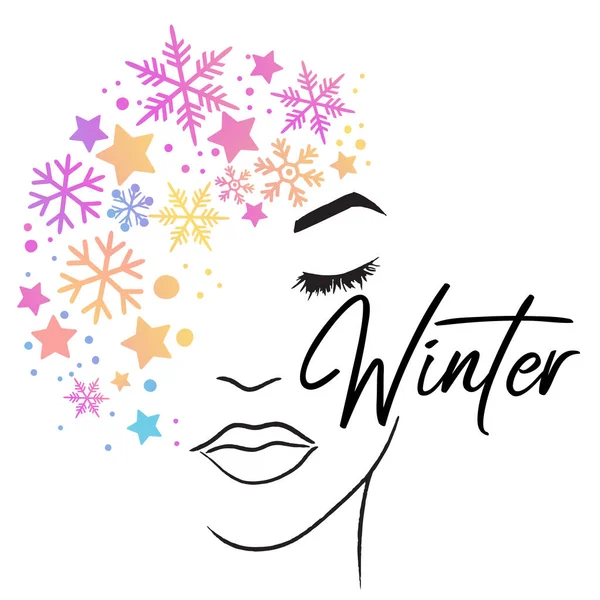 Arte Invierno Cara Silueta Mujer Con Ilustración Arte Nieve — Vector de stock