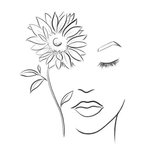 Esquisse Art Linéaire Visage Femme Avec Fleur Illustration Vectorielle — Image vectorielle