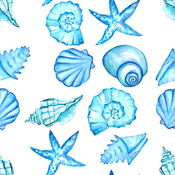 Ručně Kreslené Akvarel Bezešvný Vzor Seashell — Stock fotografie