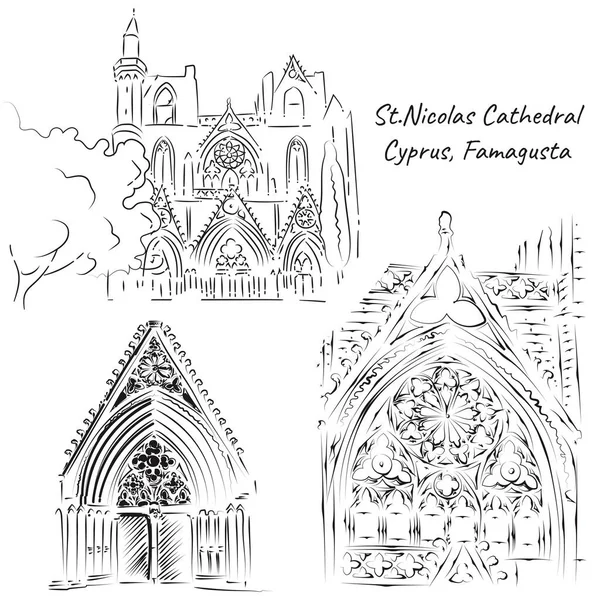 Arte Línea Catedral San Nicolás Famagusta Chipre — Vector de stock