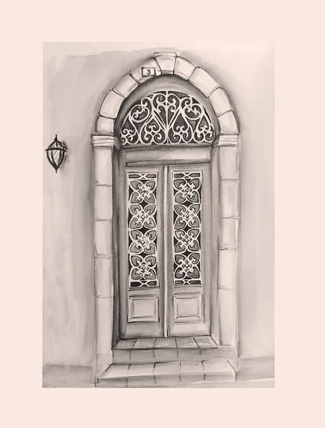 Watercolor Drawing Vintage Door — Stock Photo, Image