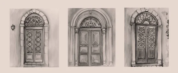 Rysunek Akwarela Starych Drzwi — Zdjęcie stockowe