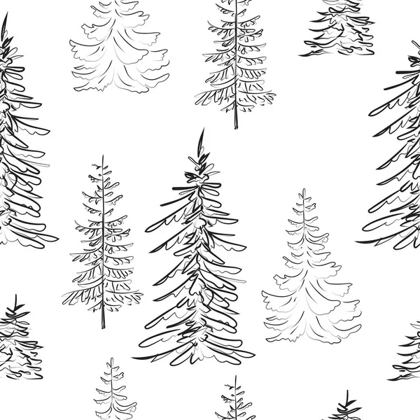 Elegant Kontur Ritning Furu Träd Sömlös Mönster Vektorillustration — Stock vektor