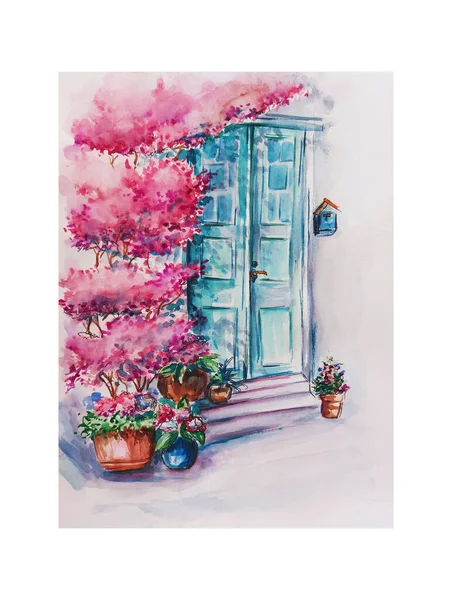 Dibujo Acuarela Puerta Arte Con Flores Ilustración Fondo — Foto de Stock