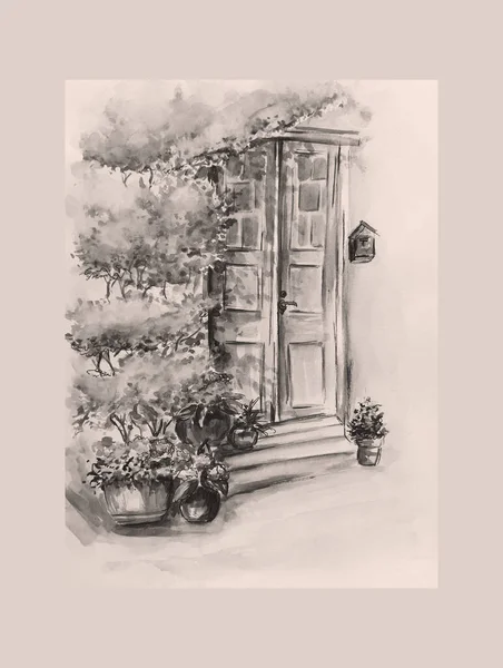 Akvarell Ritning Konst Dörr Med Blommor Bakgrund — Stockfoto