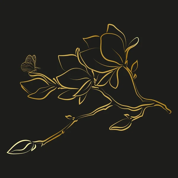 Елегантний Золотий Контур Квітів Магнолії Векторні Ілюстрації — стоковий вектор