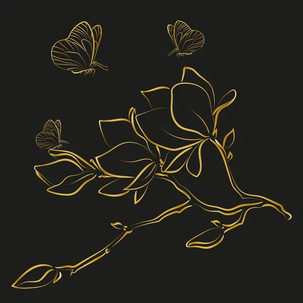 Elegant Golden Outline Sketching Magnolia Flowers Vector Illustration — ストックベクタ