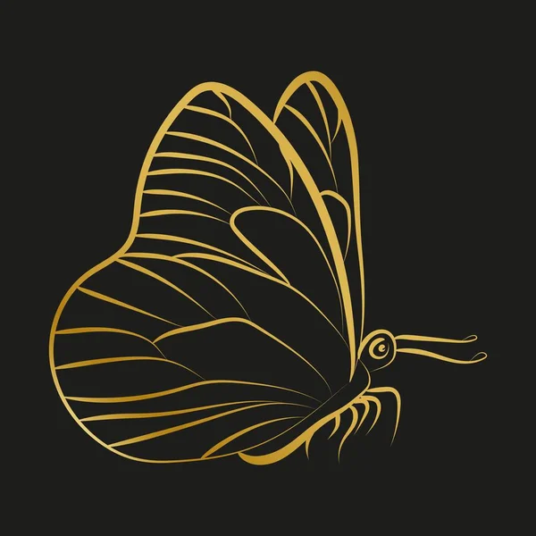 Elegant Outline Golden Butterfly Black Background — 스톡 벡터