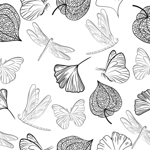 Mão Desenhada Outline Physalis Fruta Borboleta Libélula Ginkgo Folha Ilustração —  Vetores de Stock