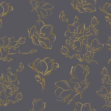 Manolya çiçeklerinin zarif taslağı, vektör illüstrasyonu, kusursuz desen