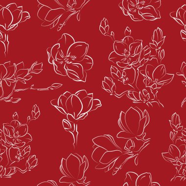 Manolya çiçeklerinin zarif taslağı, vektör illüstrasyonu, kusursuz desen