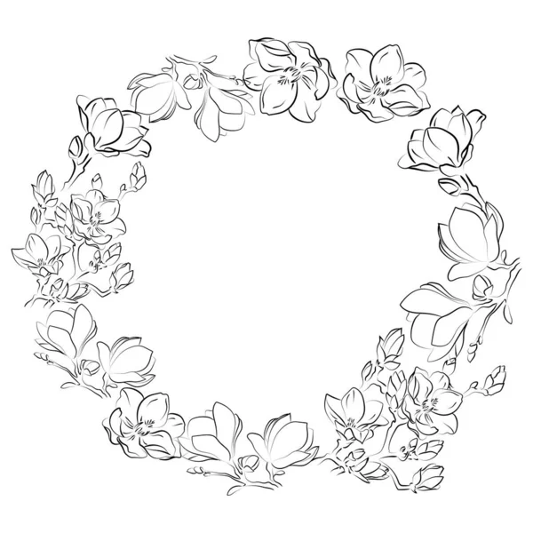 Elegant Outline Sketching Magnolia Flowers Vector Illustration Seamless Pattern — Stock Vector