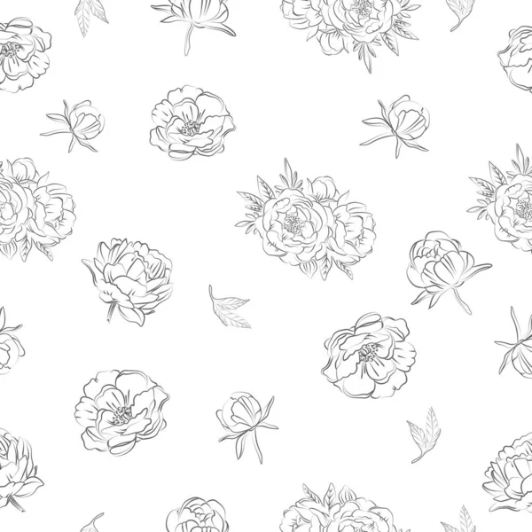 Elegant Outline Sketching Peony Flowers Vector Illustration Seamless Pattern — Stock Vector