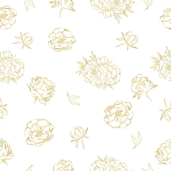 Elegant Outline Sketching Peony Flowers Vector Illustration Seamless Pattern — Stock Vector