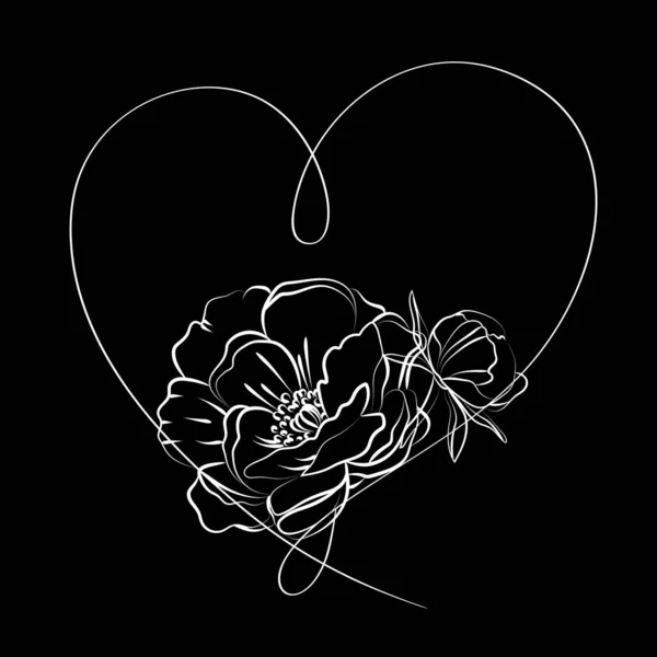 Kvetoucí Květina Srdcem Černém Pozadí — Stockový vektor