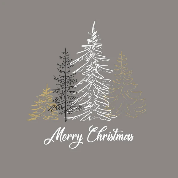 Весела Різдвяна Листівка Елегантний Контурний Малюнок Соснового Дерева Векторні Ілюстрації — стоковий вектор