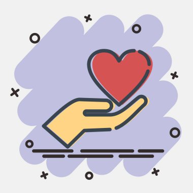 İkon el ve kalp. Sevgililer Günü kutlamaları. Çizgi roman tarzında simgeler. Parmak izleri, posterler, logo, parti dekorasyonu, tebrik kartı vs..