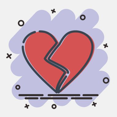 Kırık kalp ikonu. Sevgililer Günü kutlamaları. Çizgi roman tarzında simgeler. Parmak izleri, posterler, logo, parti dekorasyonu, tebrik kartı vs..