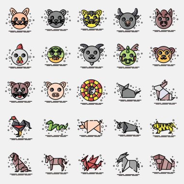 Çin burcunun ikon seti. Çin Zodiac elementleri. MBE tarzında simgeler. Parmak izi, poster, logo, reklam, dekorasyon, bilgi grafikleri vs. için iyi.