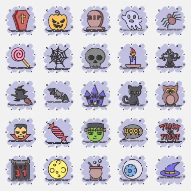 Simge cadılar bayramı elementlerini ayarladı. Cadılar Bayramı elementlerinin tasviri. Çizgi roman tarzında simge.