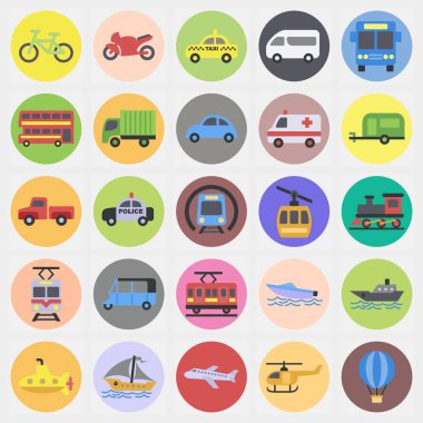 Icon taşıma seti. Ulaşım elemanları. Renkli eş tarzında simgeler. Parmak izi, poster, logo, tabela, reklam vs..