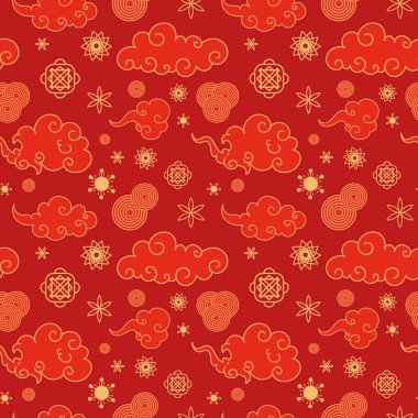 Geleneksel Çin altın bulut desenleri ve çiçek süslemeleriyle kusursuz bir kırmızı arka plan. Pankart, satış reklamları, poster, ambalaj kağıdı, kartlar için ay Çin deseni.