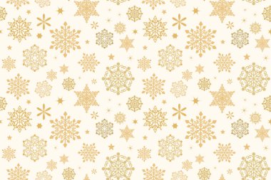 Altın gibi zarif kar taneleri beyaz arkaplanda pürüzsüz desen oluşturuyor. Şenlikli kar taneleri deseni. Rastgele kar taneleri deseni