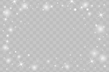 Noel ve yeni yıl tasarımları için parıldayan beyaz ışık efektleri, parıldayan parçacıklar ve parlak yıldızlar. Sihirli gümüş parıltılar, bokeh ve parıldayan toz. Vektör illüstrasyonu