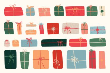 El yapımı Noel hediyeleri seti. Doodle Renkli Hediye Kutusu Seti. Neşeli bayram hediyeleri koleksiyonu. Vektör illüstrasyonu