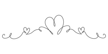 Aralıksız kalp çizimi. Bir çizgi aşk sembolü. Romantik hatlar, kalp, sınır veya bölücü unsur. Düğün için tek kalp şekli, sevgililer günü, anneler günü tasarımları. Vektör