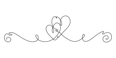 Aralıksız kalp çizimi. Bir çizgi aşk sembolü. Romantik hatlar, kalp, sınır veya bölücü unsur. Düğün için tek kalp şekli, sevgililer günü, anneler günü tasarımları. Vektör