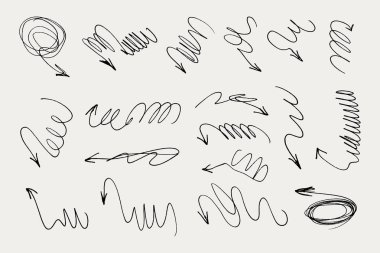 Clew okları birbirine karıştırır. Karalamalar, kaotik çılgın çizgiler ok koleksiyonu. Karışık oklar. Yaratıcı ok şekilleri oluşturan dağınık çizgiler. Vektör illüstrasyonu