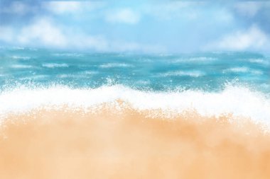 Suluboya plaj manzarası. Mavi sularla, köpüklü okyanus dalgalarıyla ve kumlu plajlarla el boyaması deniz boyası. Yaz sanatsal illüstrasyon. Kıyı sanatsal sahnesi