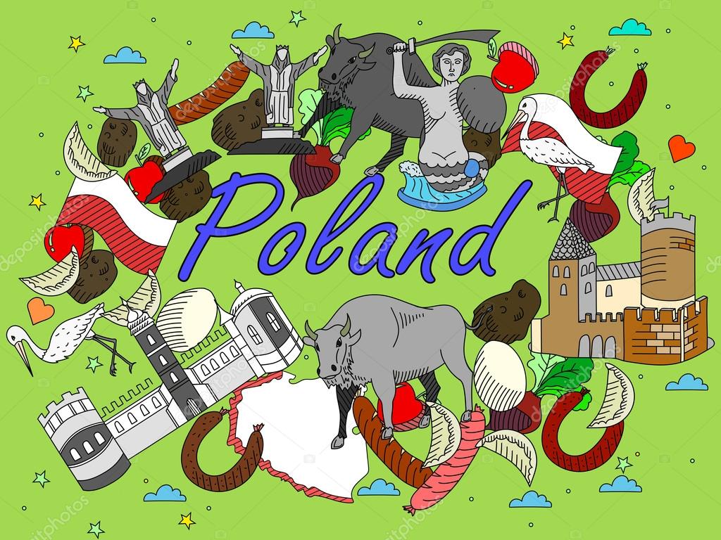 Vector line art Doodle set of cartoon characters and objects on Poland.