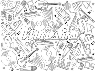 Music instruments coloring book vector clipart