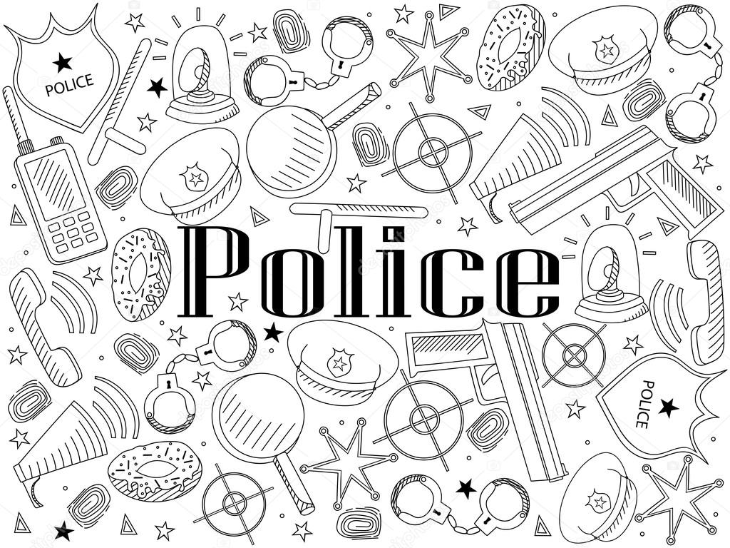 Vector line art Doodle set of cartoon characters and objects police. Coloring book