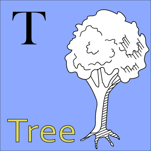 Litery T. Wektor alfabetu. Kolorowanie książki drzewo — Wektor stockowy