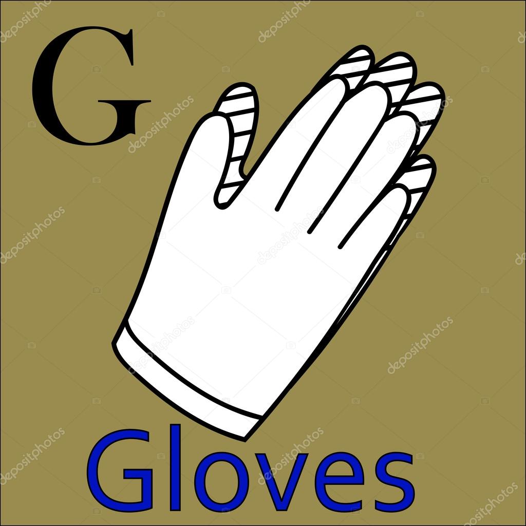 G letter. Object capital alphabet. Colorful font. Uppercase. Vector illustration. Worksheet, Exercises for kids, Coloring book. Illustration of alphabet letters with beautiful clip arts gloves