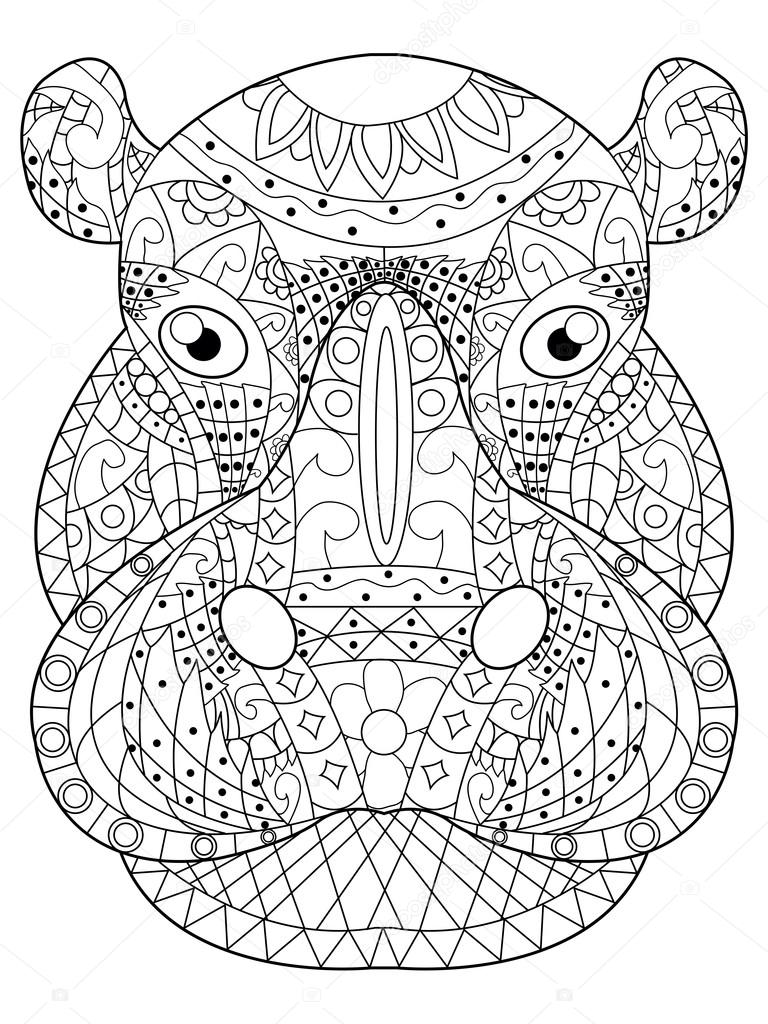 Tête d’hippopotame Coloriage vecteur pour les adultes — Image
