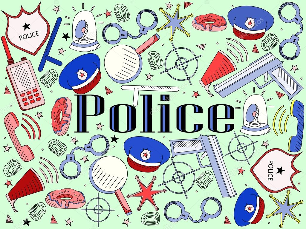 Vector line art Doodle set of cartoon characters and objects police.