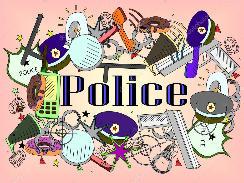 Vector line art Doodle set of cartoon characters and objects police.