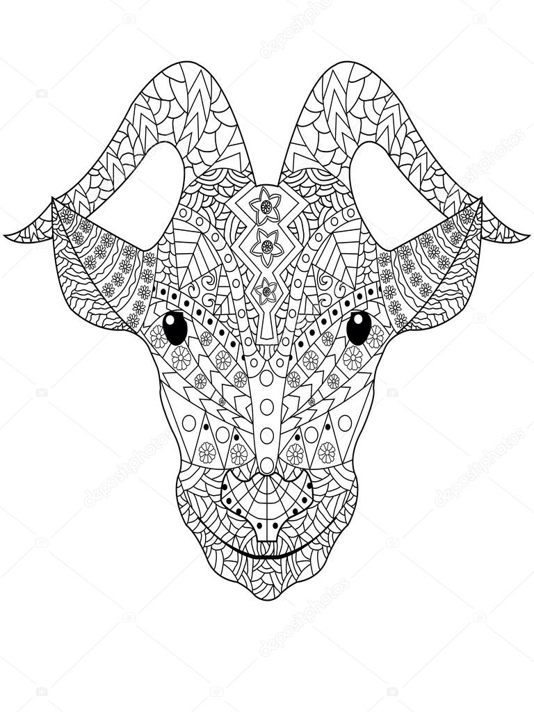 Illustrazione di vettore di testa di capra libro da colorare per adulti Antistress da colorare per adulti Zentangle stile Reticolo in bianco e nero