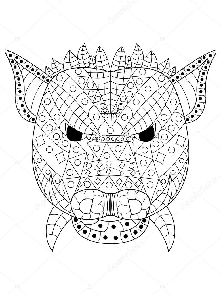 The head of a wild boar coloring book for adults vector illustration. Anti-stress coloring for adult. Zentangle style. Black and white pattern pig