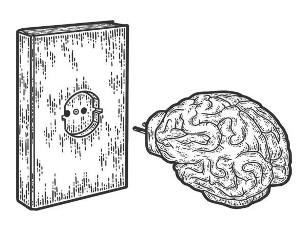 Livro cobrando conceito de cérebro. Ilustração vetorial de gravura, esboço. — Vetor de Stock
