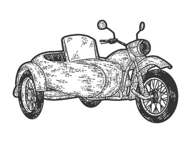 Motosiklet sepetli. Gravür çizimi. Çizim tahtası taklidi.