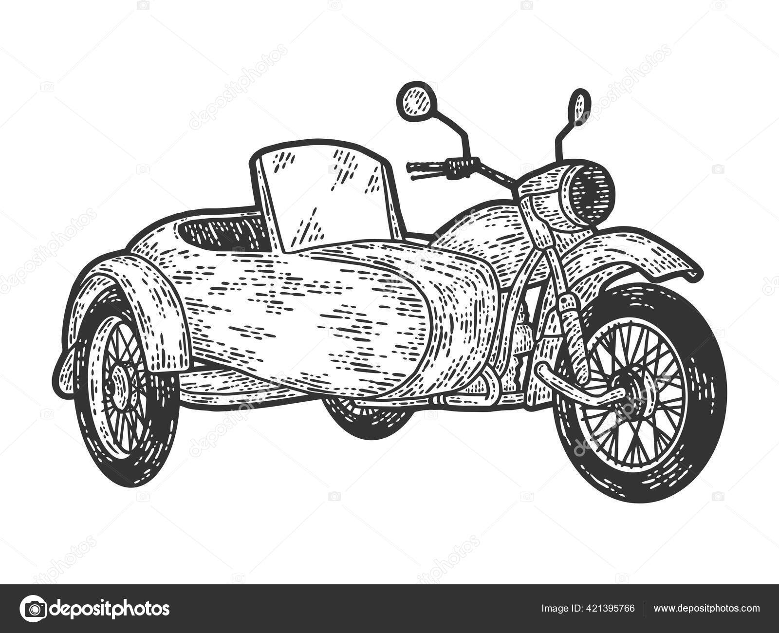 Motorcycle with a sidecar. Engraving vector illustration. Sketch