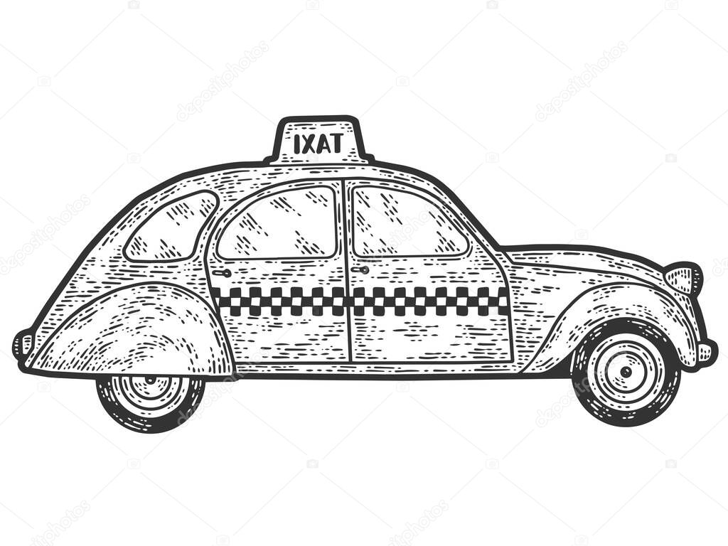 Retro taxi, vintage transport. Engraving vector illustration.