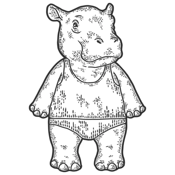 Dziecięcy hipopotam w szortach i koszulce. Ilustracja grawerowania rastrowego. Imitacja deski do szkicowania. — Zdjęcie stockowe