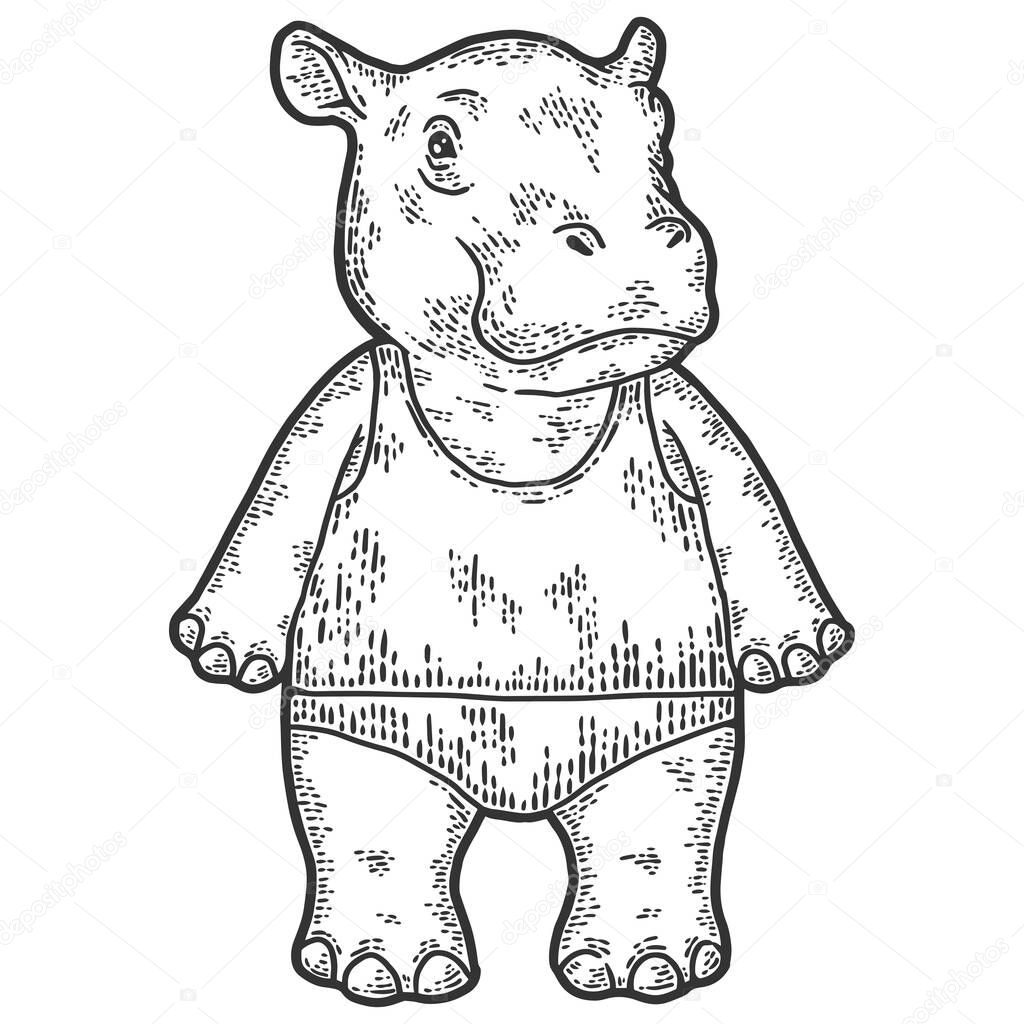 Baby hippo in shorts and t-shirt. Engraving raster illustration. Sketch scratch board imitation.